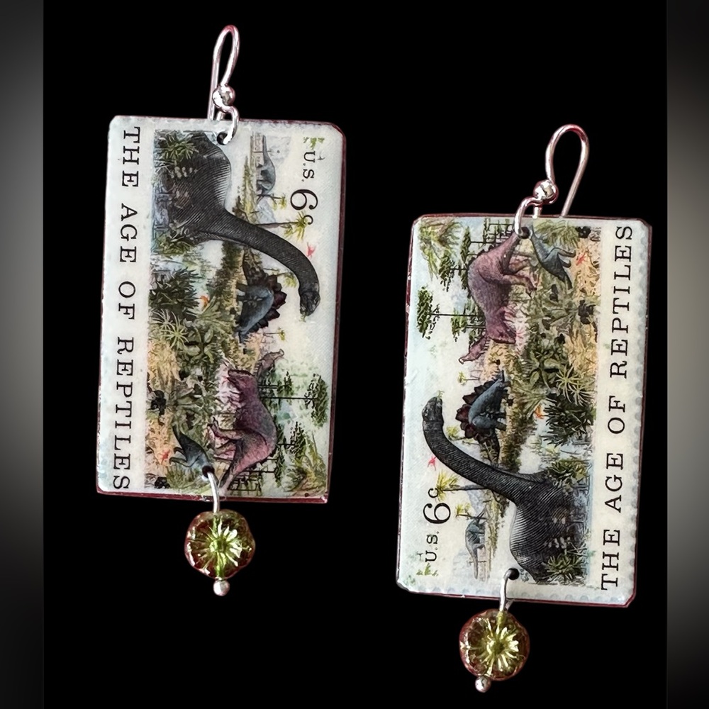 Real vintage postage stamp dinosaurs custom pair Earrings sterling wires OOAK